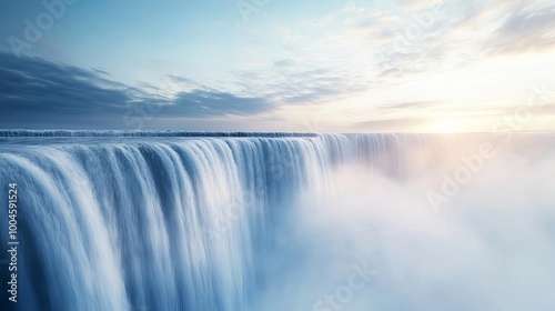 Silent waterfall covered in mist, serene tranquility, 3D illustration