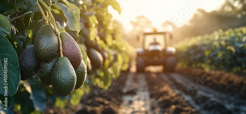 Ripe avocados hanging from a tree branch in an orchard with a tractor in the background.
