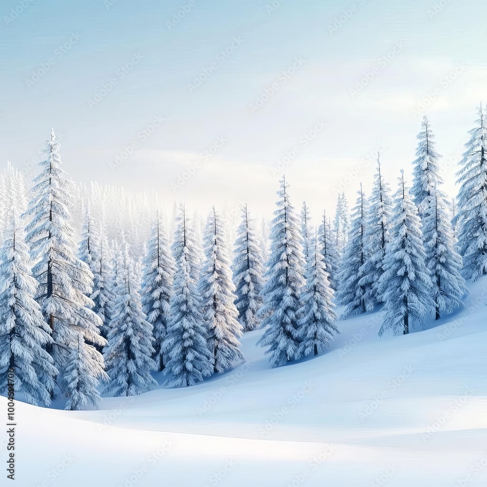 Snow-covered forest with soft fog, silent winter scene, 3D illustration