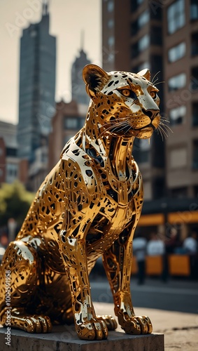 A golden robotic leopard in a cityscape. photo