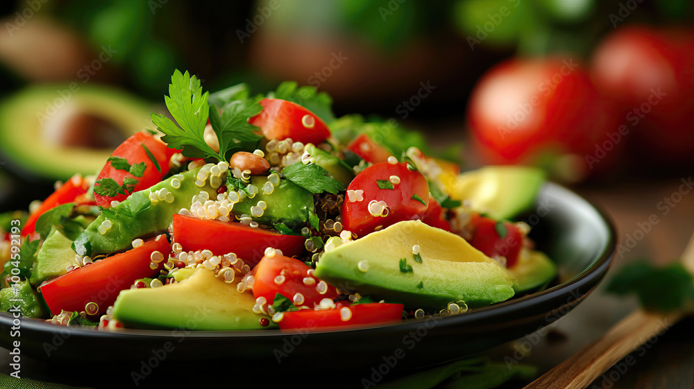 Fresh quinoa salad with avocados, tomatoes, and herbs in a stylish bowl, perfect for healthy eating and vibrant meals.