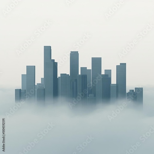 Urban skyline shrouded in fog, muted colors, 3D illustration