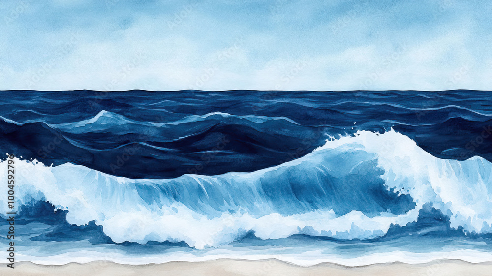 A tranquil view of ocean waves, showcasing vibrant blue waters under a cloudy sky, perfect for calming and natural themes, watercolor painting