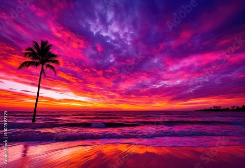 stunning vibrant beach sunset colorful breathtaking sky palette, waves, clouds, landscape, nature, ocean, sea, skyline, reflections, scenery, beauty