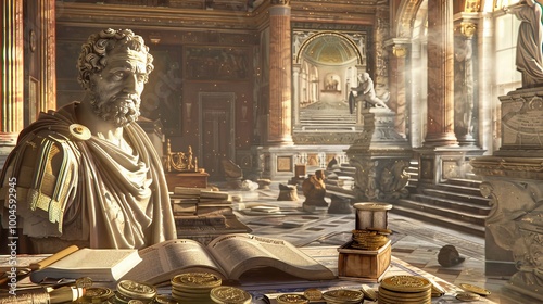 A majestic roman study with seneca s statue, ancient scrolls, and illuminated murals