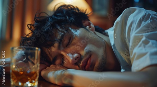 drunk asian man asleep next to a glass of drink photo