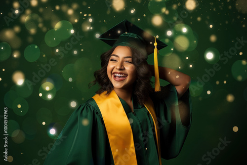 Joyful graduate in green gown