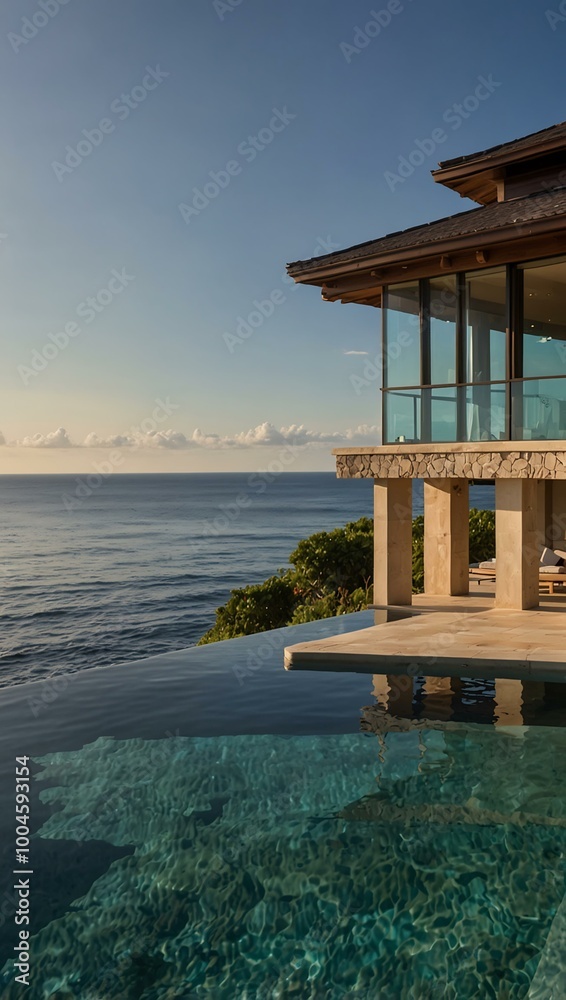 A luxurious oceanfront property featuring a spacious infinity pool that blends with the horizon. A luxurious oceanfront property featuring a spacious infinity pool that blends with the horizon.