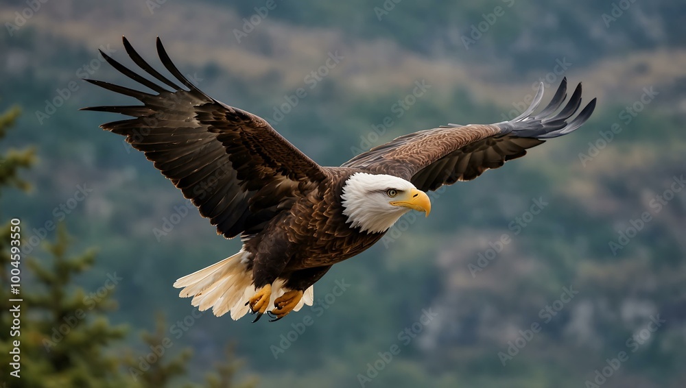 A majestic eagle flies, showcasing its powerful wings and sharp beak against a blurred backdrop. A majestic eagle flies, showcasing its powerful wings and sharp beak against a blurred backdrop.