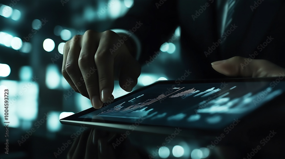 Fototapeta premium Businessperson presenting data on a tablet while negotiating a financial contract, tech-assisted negotiation, digital presentation in negotiations.