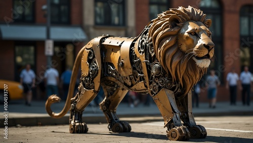 A mechanical lion in the city.