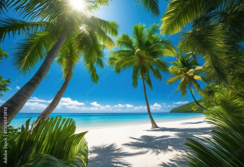 lush vibrant tropical palm leaves forming framing canopy calm serene beach landscape under clear blue sky, palms, ocean, sand, nature, holiday, summer lush vibrant tropical palm leaves forming framing canopy calm serene beach landscape under clear blue sky, palms, ocean, sand, nature, holiday, summer