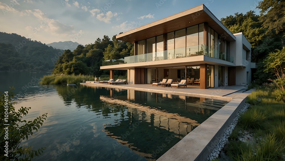 A modern lakeside villa with an infinity pool, blending luxury with tranquil nature. A modern lakeside villa with an infinity pool, blending luxury with tranquil nature.