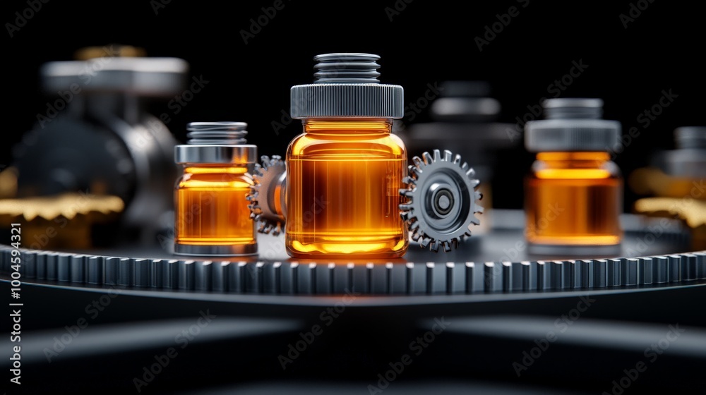 Precision and Power: Pharmaceutical Manufacturing Process. Close-up shot of amber vials and intricate gears, symbolizing the precision and complex machinery in pharmaceutical production. Precision and Power: Pharmaceutical Manufacturing Process. Close-up shot of amber vials and intricate gears, symbolizing the precision and complex machinery in pharmaceutical production.