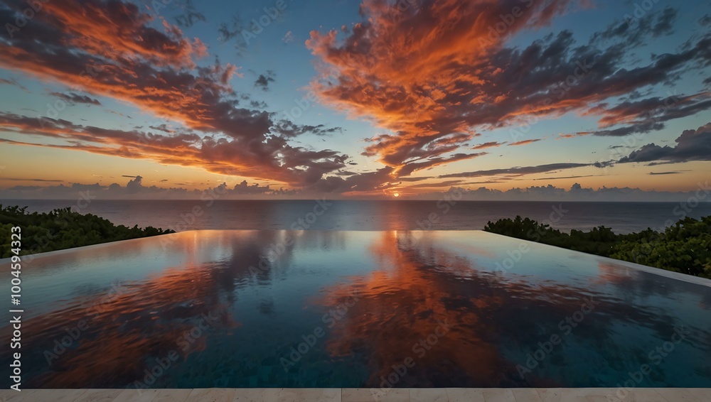 A modern villa showcases an infinity pool blending into the ocean horizon under a vibrant sky. A modern villa showcases an infinity pool blending into the ocean horizon under a vibrant sky.