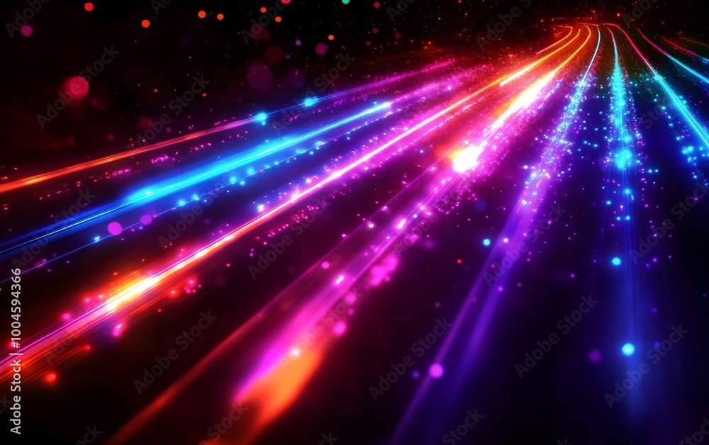 Background of light lines of colorful neon lights shining on black space, generative ai Background of light lines of colorful neon lights shining on black space, generative ai