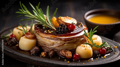 An exquisite French foie gras dish with duck confit and truffles, all served with buttery sauces. photo