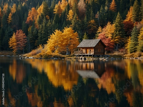 A picturesque log cabin surrounded by autumn colors, reflecting perfectly in a calm lake.