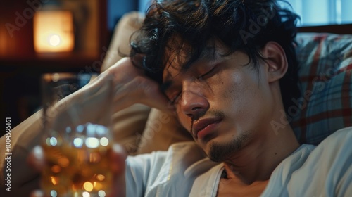 drunk asian man asleep next to a glass of drink