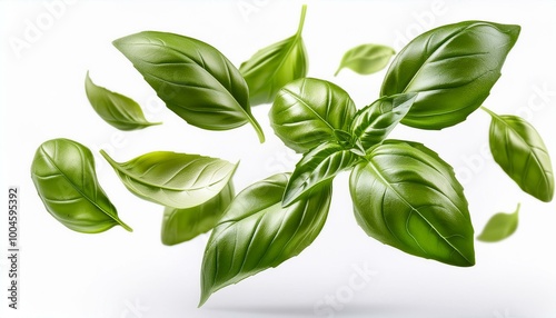 On a white background, fresh basil leaves float in the air