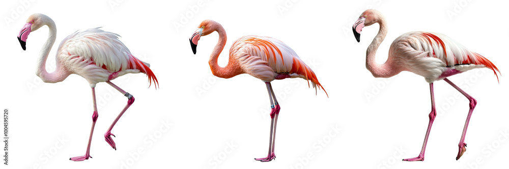 Obraz premium A flamingo with pink feathers standing on one leg isolated on white and transparent background