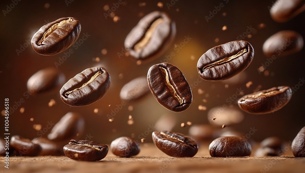 coffee beans falling onto a wooden surface, captured in mid air coffee beans falling onto a wooden surface, captured in mid air