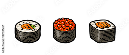 Three type set sushi. Roll ikura with caviar, salmon, rice. Isolated on white background. Vintage black monochrome vector engraving