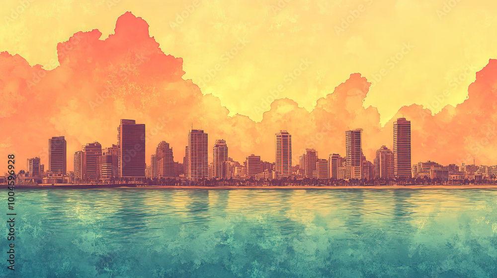 Obraz premium Tel Aviv, Israel, color pen pencil hand-drawn effect drawing illustration for travel poster, card, wallpaper, backdrop or banner. Modern, clear, artistic and simple