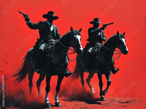 Cowboys on horseback in a dramatic red sky action scene with guns drawn