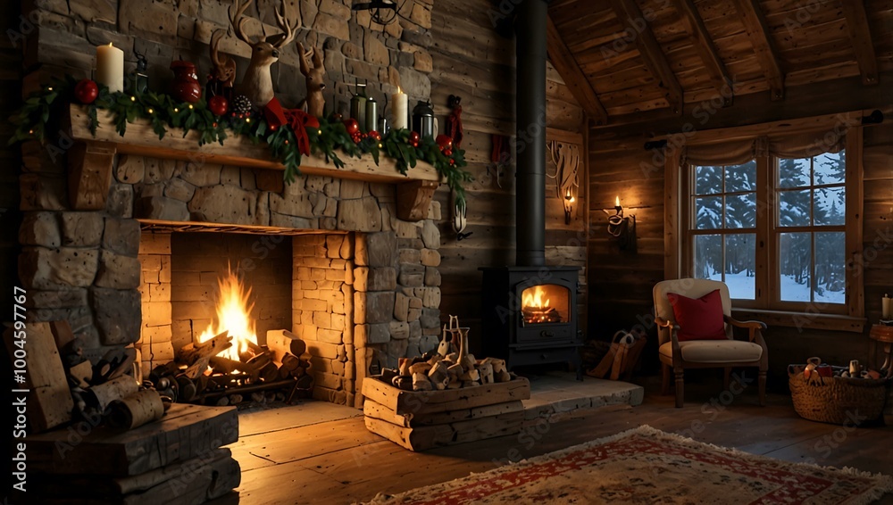 A rustic cabin with a fireplace decorated for Christmas. A rustic cabin with a fireplace decorated for Christmas.