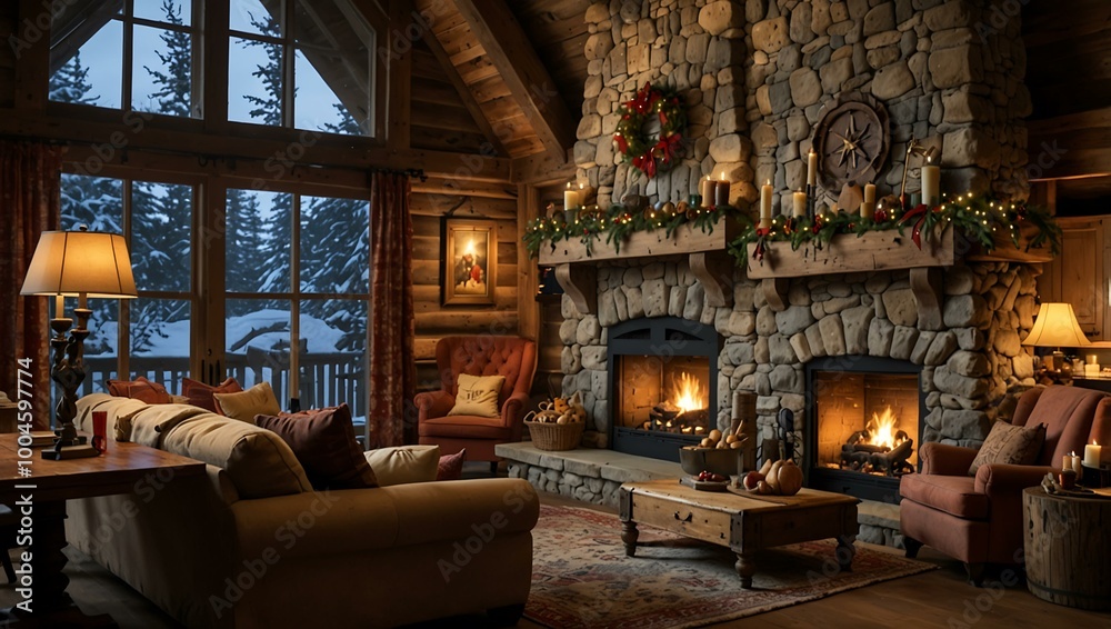 A rustic cabin with a fireplace decorated for Christmas. A rustic cabin with a fireplace decorated for Christmas.