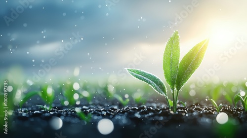 Fresh Plant Sprouting in Rainy Sunset Light