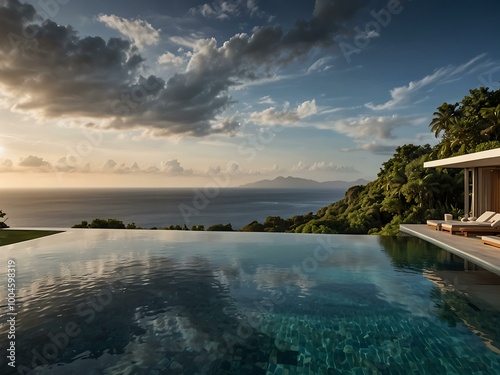 A sleek infinity pool beside a minimalist villa, offering stunning ocean views and a touch of nature.