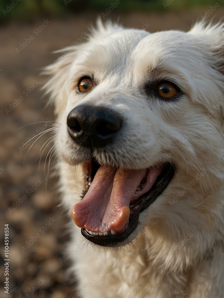 A smiling white dog looks at the camera.