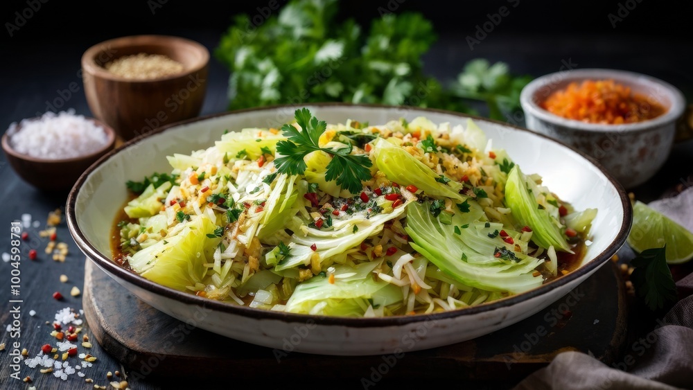 Stewed white cabbage made from grated on a coarse grater and a side dish consisting of finely chopped onions, cumin seeds, ground black pepper, supplemented with a sprinkle of fresh parsley leaves. Stewed white cabbage made from grated on a coarse grater and a side dish consisting of finely chopped onions, cumin seeds, ground black pepper, supplemented with a sprinkle of fresh parsley leaves.