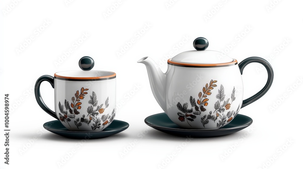 Tea Time Elegance: A sophisticated tea set, featuring a teapot, mug, and saucer, adorned with delicate floral patterns, exudes a sense of tranquility and refinement. Tea Time Elegance: A sophisticated tea set, featuring a teapot, mug, and saucer, adorned with delicate floral patterns, exudes a sense of tranquility and refinement.