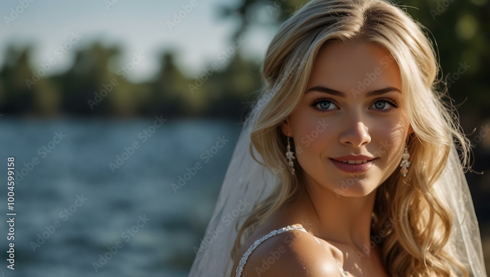 A stunning blonde bride beams against a blue background. A stunning blonde bride beams against a blue background.