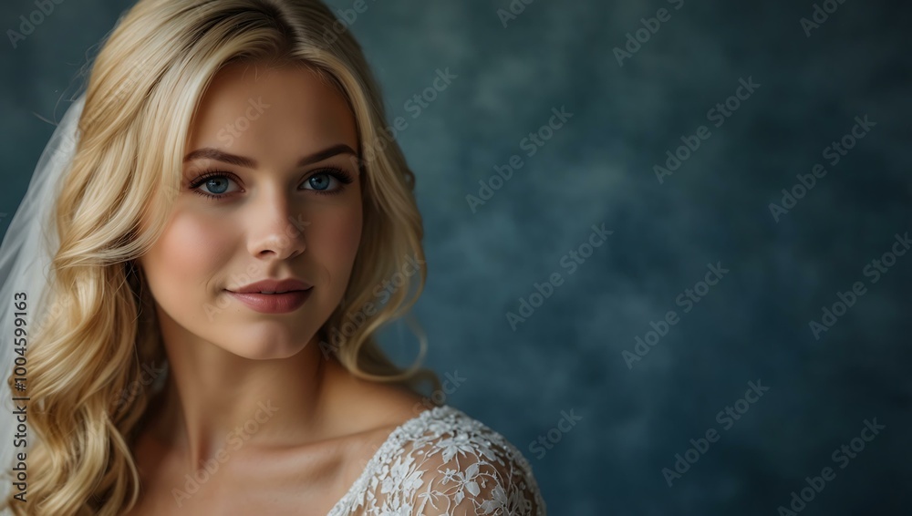 A stunning blonde bride beams against a blue background. A stunning blonde bride beams against a blue background.