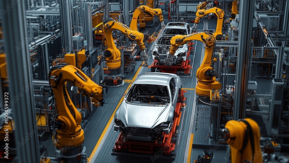 Fototapeta premium Advanced robotic arms expertly assemble vehicles in a state-of-the-art automotive factory