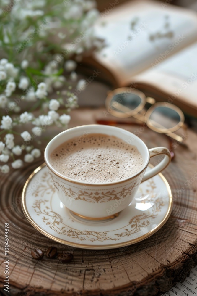 coffee cup ceramic with gold glasses and books and white flowers on wood cozy vibe coffee cup ceramic with gold glasses and books and white flowers on wood cozy vibe