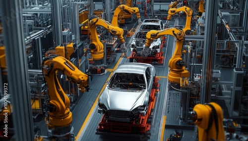 Advanced robotic arms expertly assemble vehicles in a state-of-the-art automotive factory