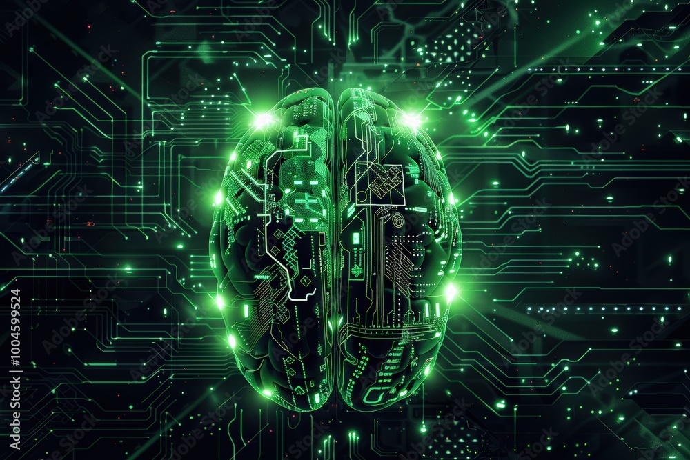 Obraz premium A green digital brain floating on an intricate circuit board background, symbolizing artificial intelligence and technology.