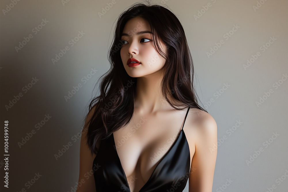 A Japanese woman with an hourglass figure stands confidently in a satin slip dress