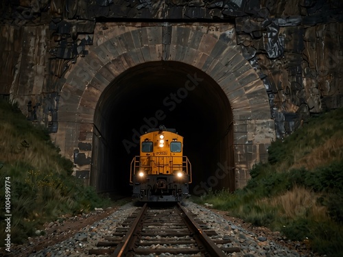 A train approaches an old mining tunnel, illuminated from the end.