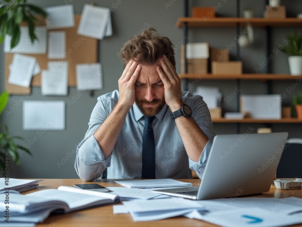 Anxious businessman looking down at papers with hands on head, dealing with stress in an office environment