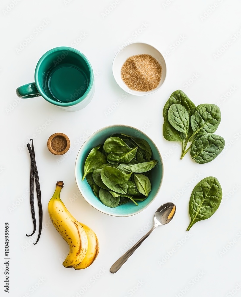 Obraz premium A vibrant assortment of fresh ingredients with spinach, a banana, and vanilla pods arranged creatively for a healthy recipe