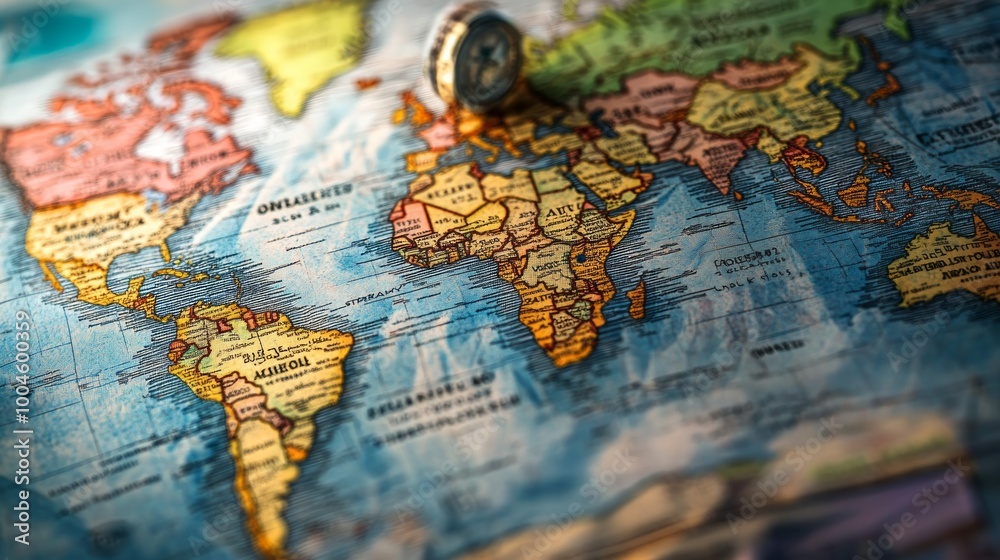 A close-up view of a world map with a compass, emphasizing travel and exploration. A close-up view of a world map with a compass, emphasizing travel and exploration.
