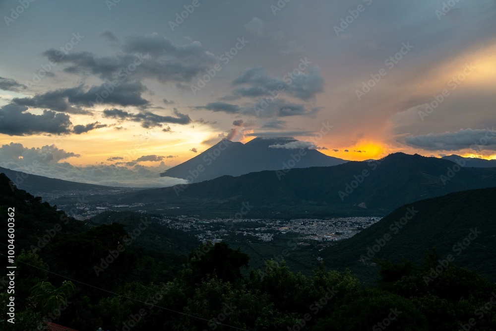 wide capture of nature landscape during the evening in guatemala with orange colors wide capture of nature landscape during the evening in guatemala with orange colors
