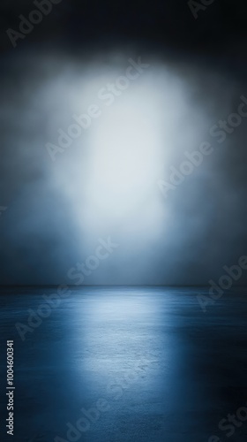 A serene blue mist envelops a calm water surface, creating a dreamy and tranquil atmosphere.