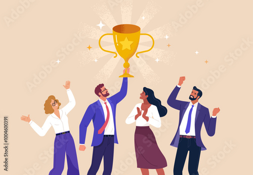 Business Team Success. Vector illustration in a flat style of a close-up group of happy diverse people in business suits with a golden cup in the manager's raised hand. Isolated on background.